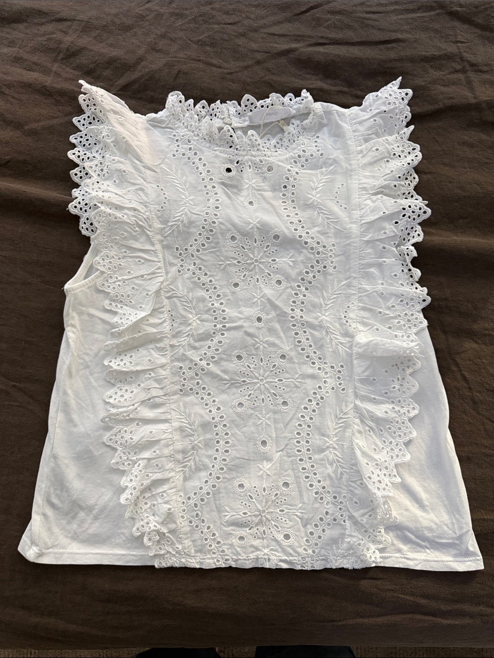 Mango White Eyelet Ruffle Sleeveless Top with Knit Body
